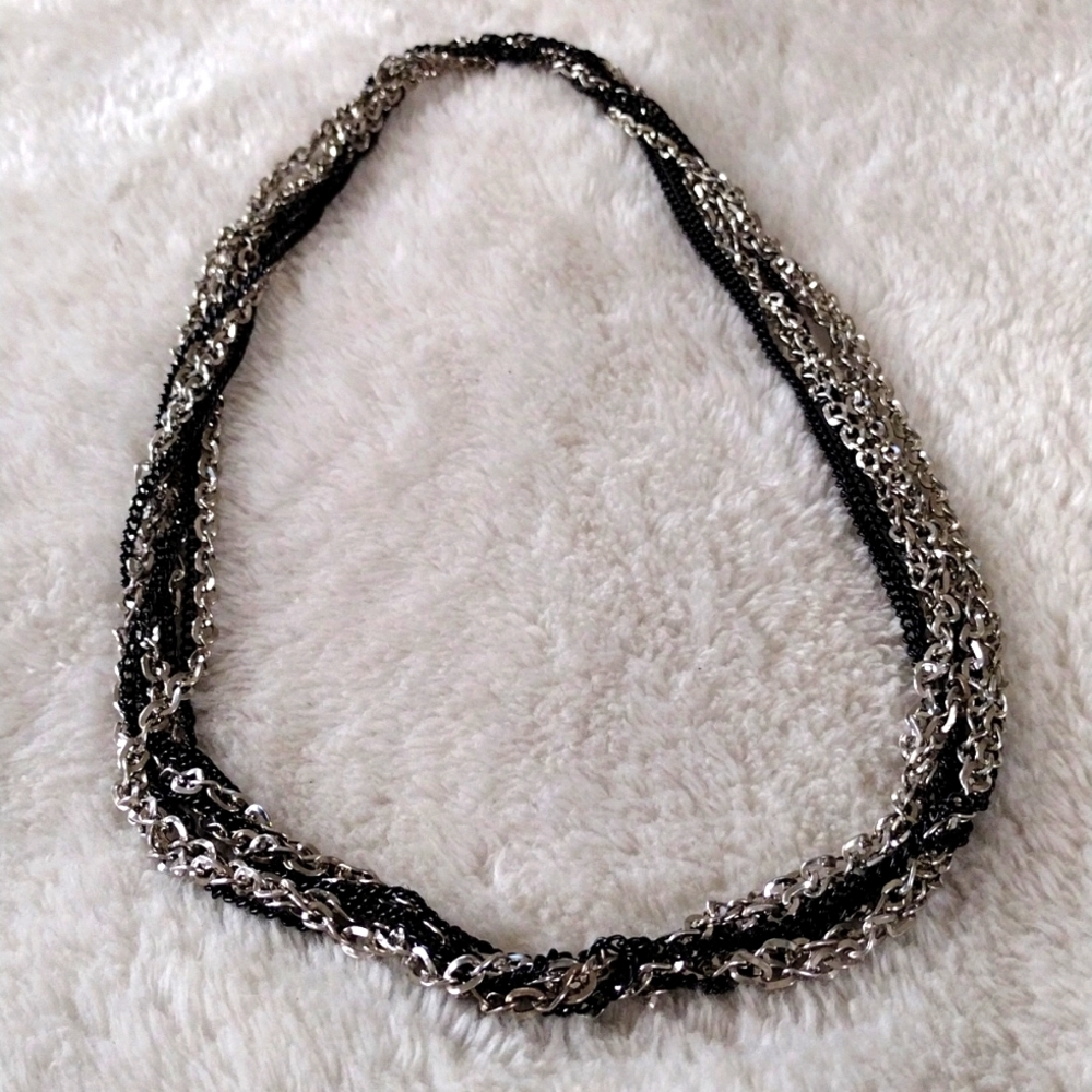 Women Multi String Necklace Black Silver Multilayer Long Chain Size 70'